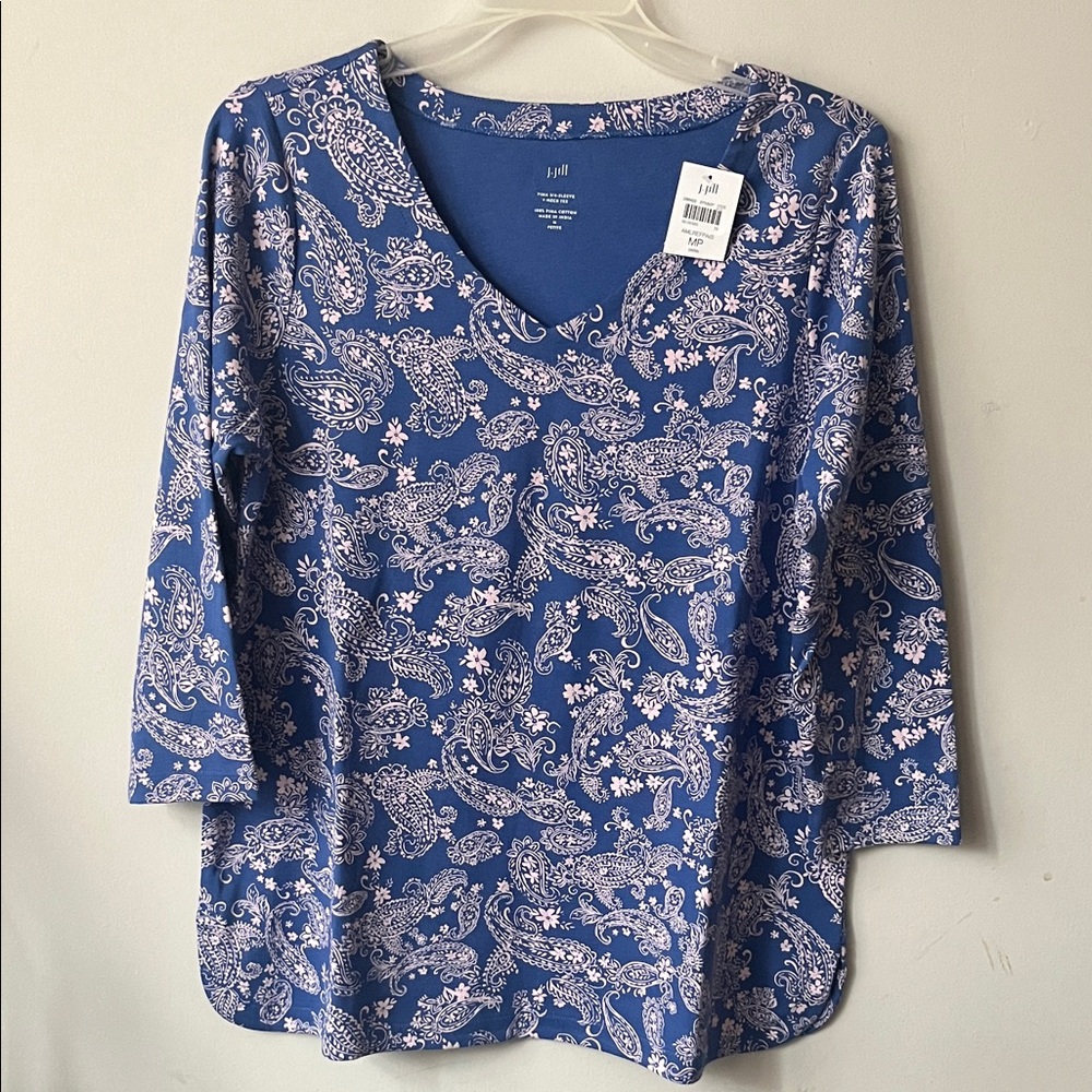 J. Jill Blue and Lilac Paisley 3/4 Sleeve Tee